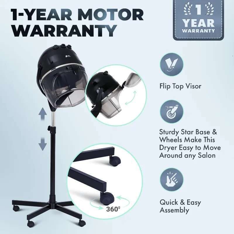 Buy-Rite Meredith 880 Watt Salon Hair Dryer, Sturdy 5-Star Caster Fully Adjustable Height, 60 Minute Timer, Automatic Shut-Off