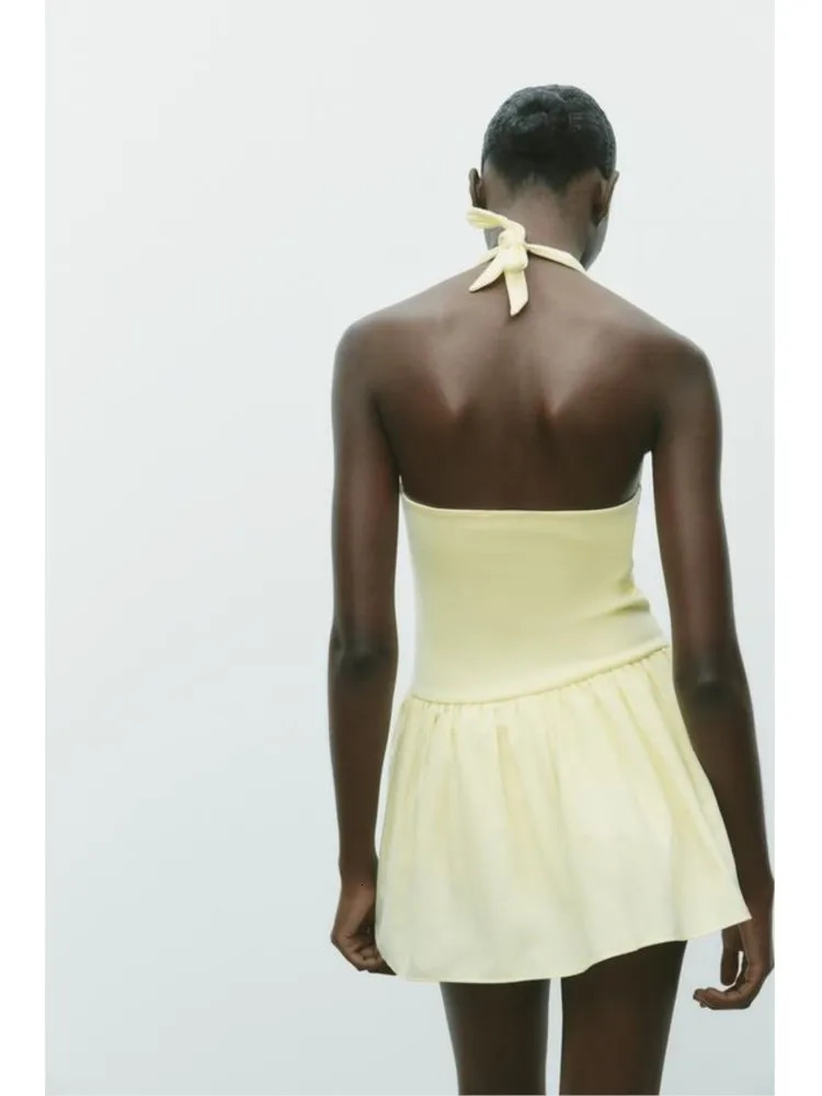 TRAF Halter Short Dress for Women Summer Sexy Backless Patchwork Pleated Womens Dresses Female Chic 250513