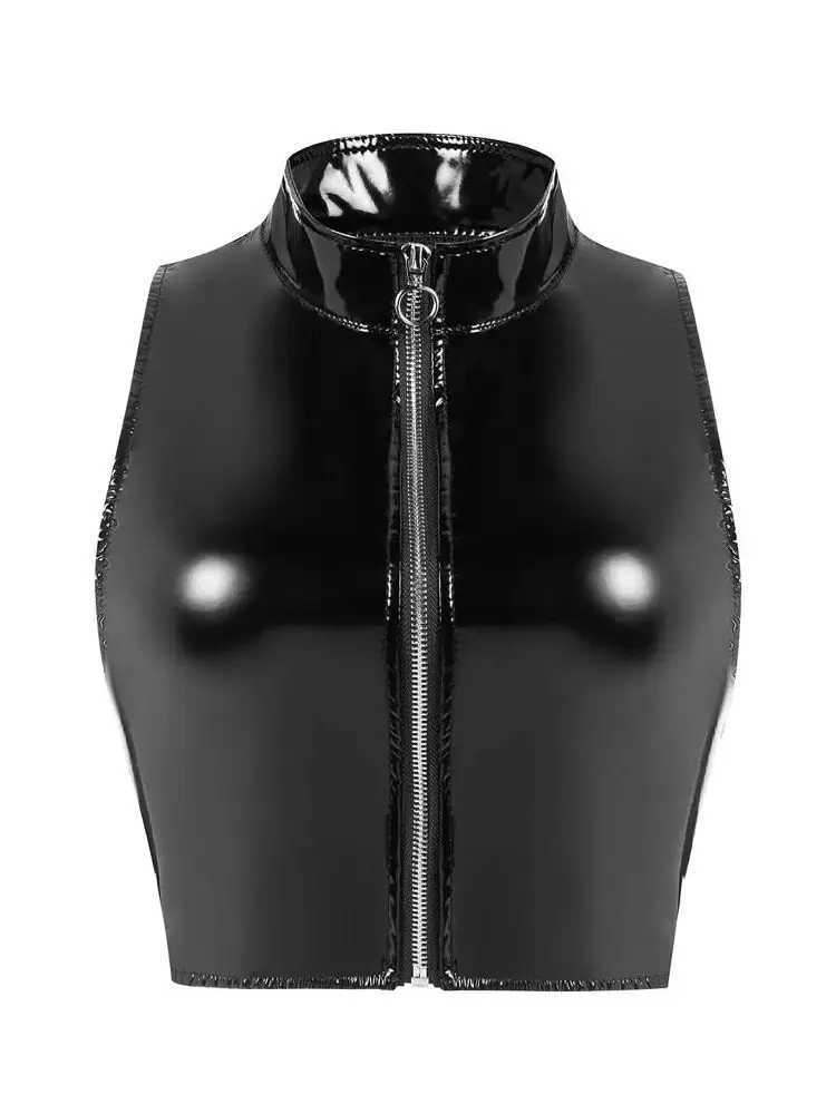 S-3XL Wet Look PVC Bustier Tank Top Shiny PU Leather Crop Tops Sleeveless Zipper Vest Camis Tights Sexy Clubwear Croptop Cropped M250513