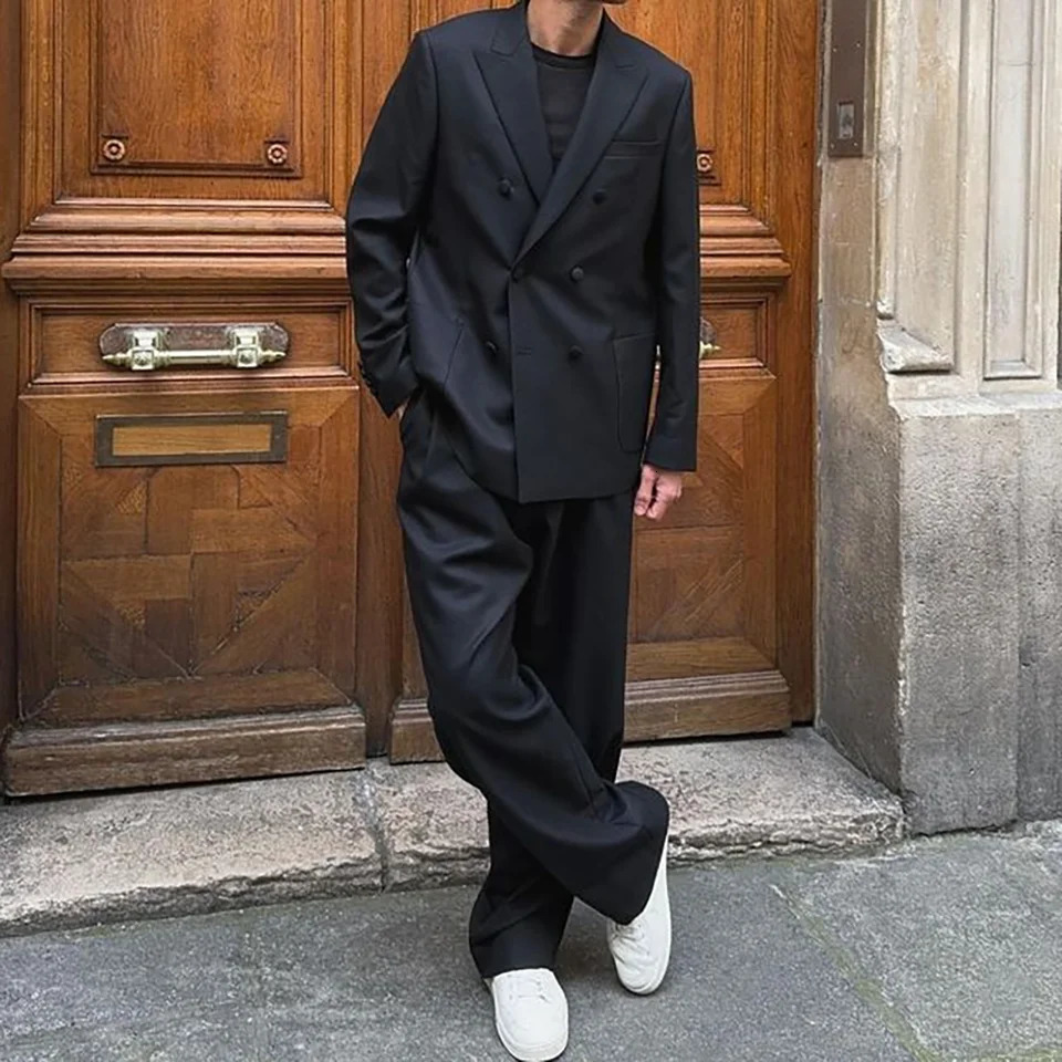 Fashionable loose black double chest mens twopiece set jacketpants lapel casual party dance wedding 250506