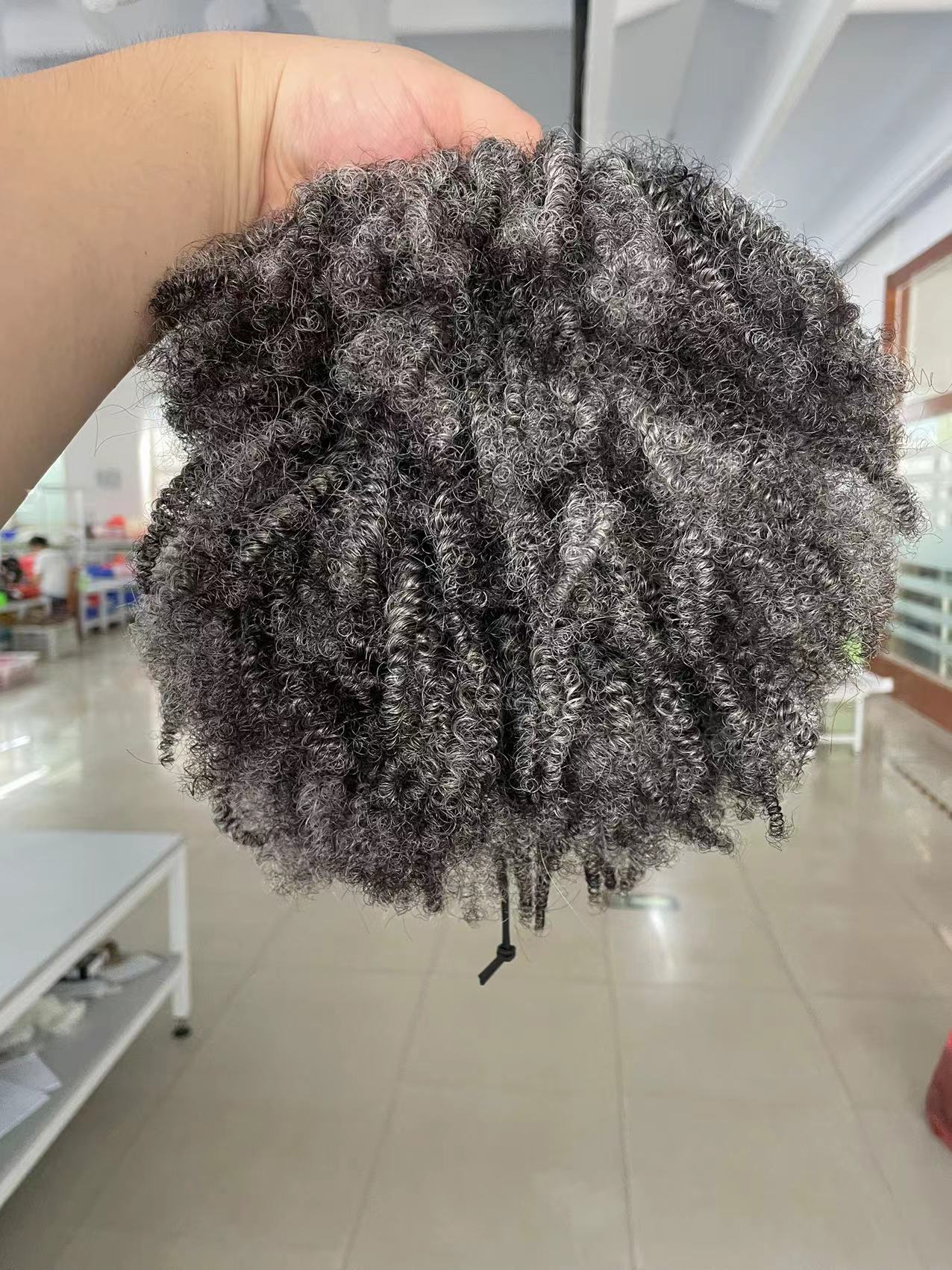 Silver Grey kinky curly hair puff pony tail clip hairpiece, 1pc Clip in african american 4c afro curl ponytail gray human hair extension