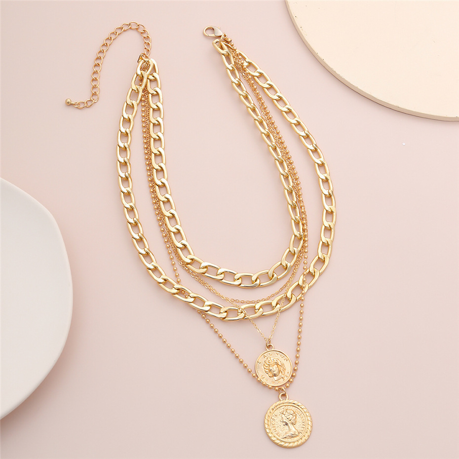 Metallic Coin Portrait Layered Necklace, Bold Chunky Choker, Trendy European & American Style for Women