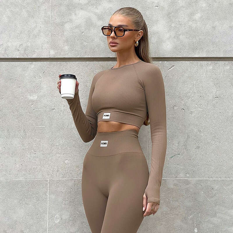 S266 Fashion Casual Women's Basic Solid Color Zhangzi Splice Sports Yoga Comfortable Fitness Suit Set B5