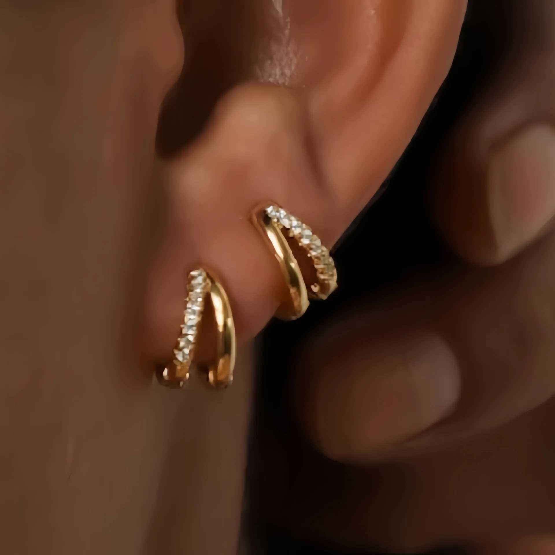 Europe Double Layered Zircon Hoop Earrings For Women Gold Silver Color Personality Punk Earring Party Jewelry Gifts Y250510