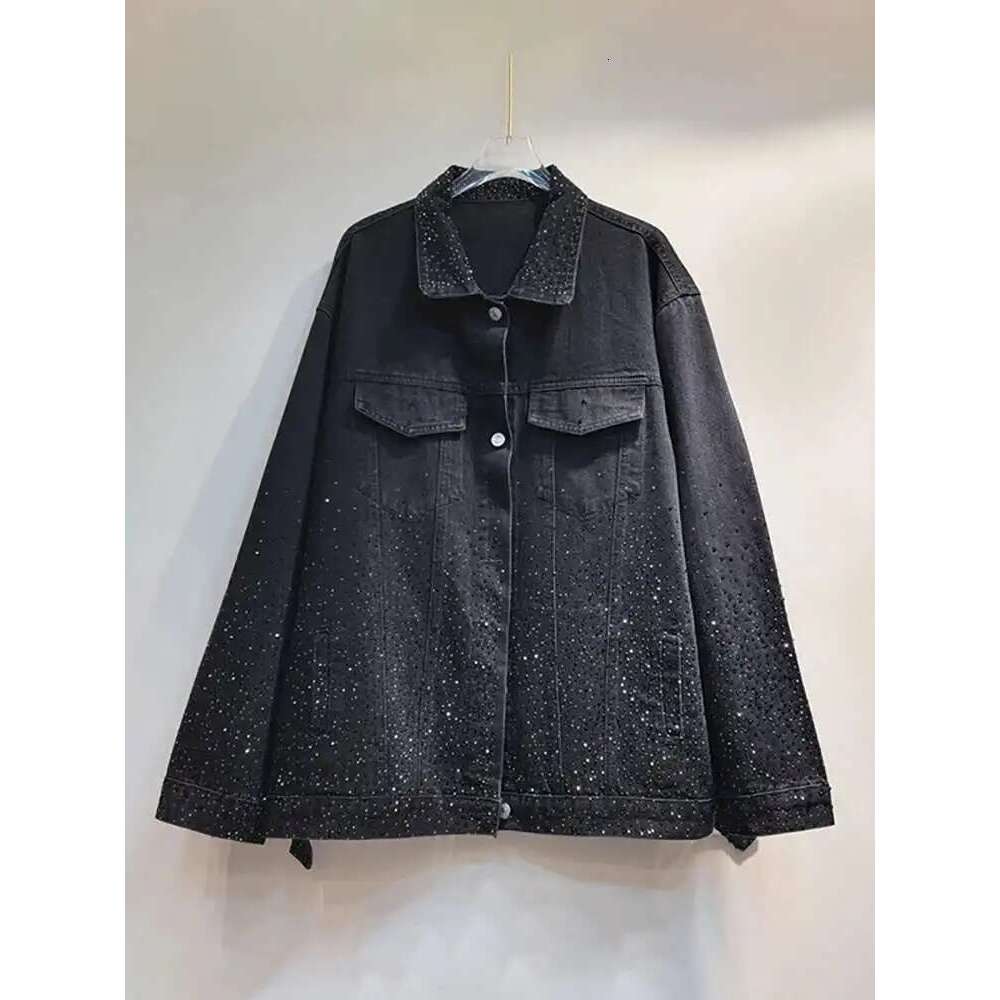 DEAT Women Denim Coat Turn-down Collar Full Dias Hot Rhinestone Black Loose Single Breasted Jackets 2025 Summer New Fashion