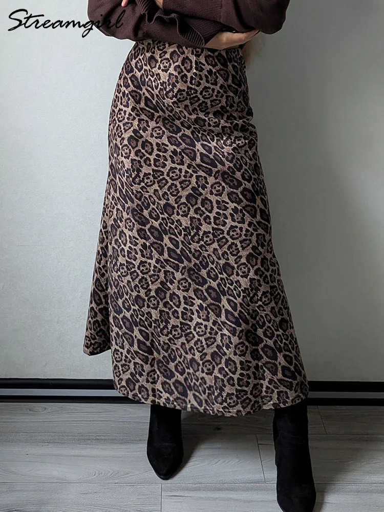 Winter Leopard Print Suede Skirt Long Women Autumn Vintage A Line Brown Maxi Skirts For Warm 250513