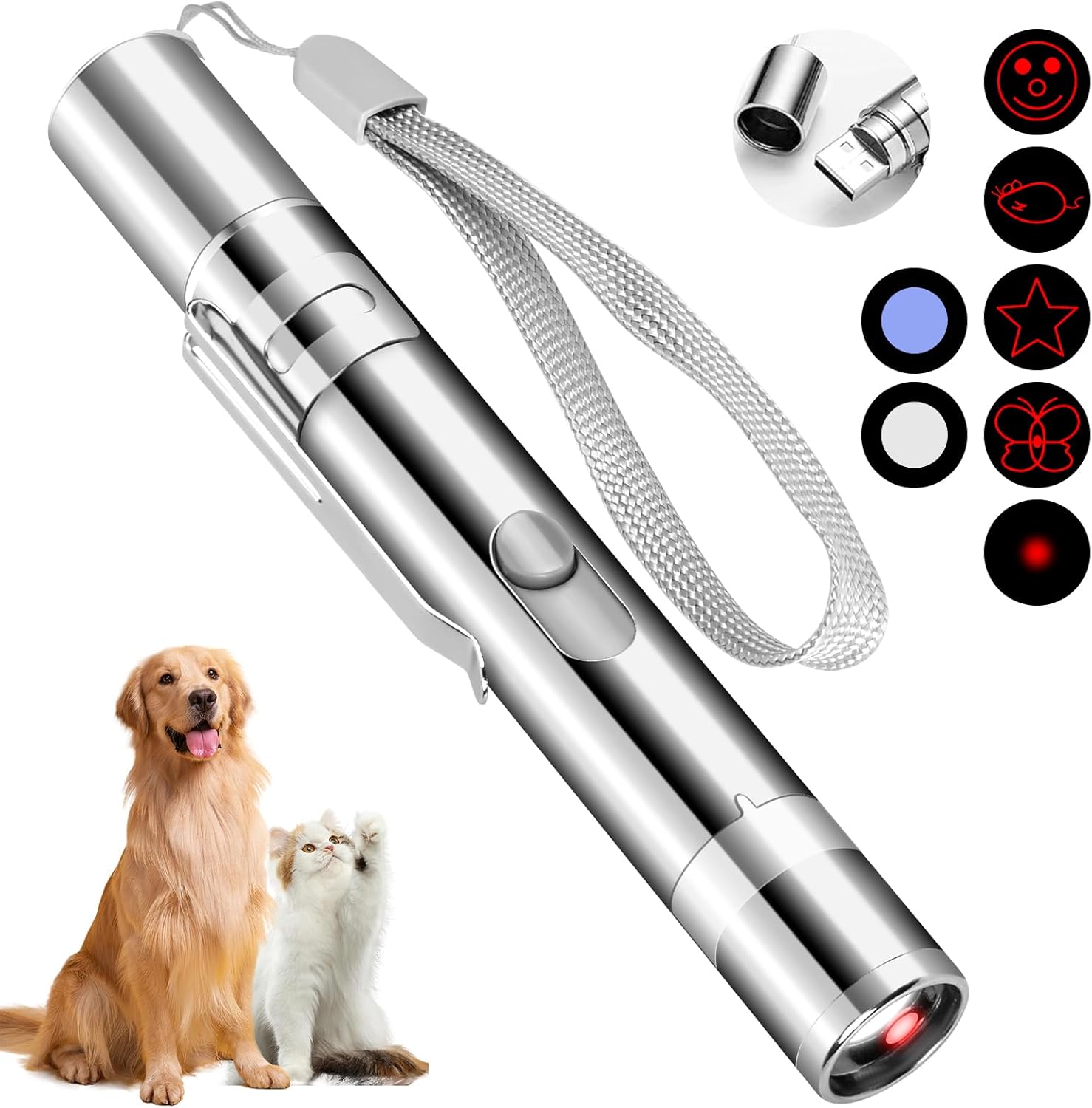 Cat Toy Red Pointer for Indoor, Rechargeable, 5 Adjustable Patterns, 3 Modes Training Chaser Pet Toy Pointer, Interactive Pet Cat/Dog Toy for Cats Fun