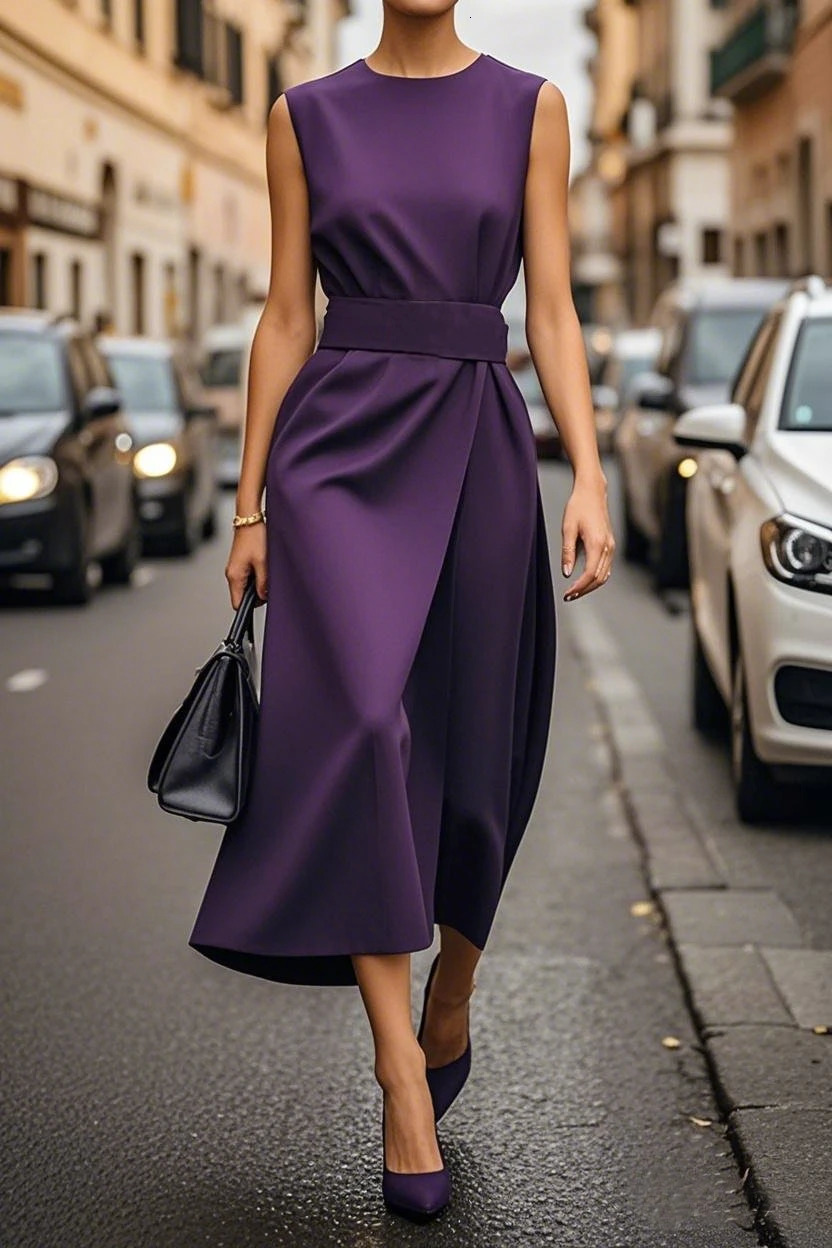 Fashion Casual Long Dress Female Sleeveless Oneck Solid Color Waistclosing Women Dresses Elegant Office Ladies Summer 250513