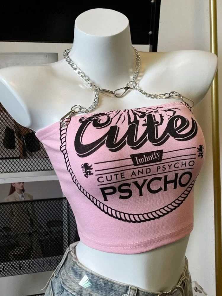 Crop Tops Fashion Summer Tanks Women Clothing Sweet Pink Letter Backless Tunic Shirt Harajuku Chain Sexy Y2k Vest Womens Clothing M250513