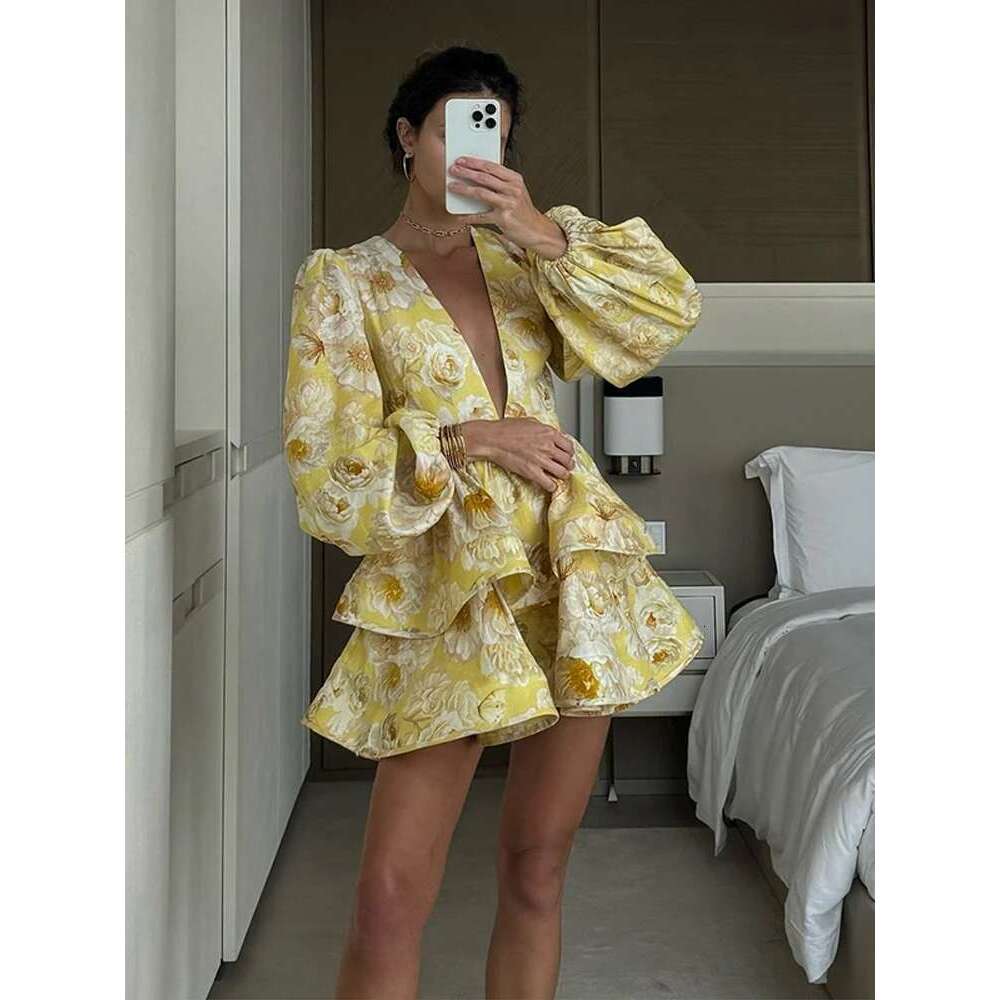 Deep V collar Ruffled Printed Lantern Sleeved Beach Layered Fluffy Short Dresses Waist Cinching Floral Gown Dress Women