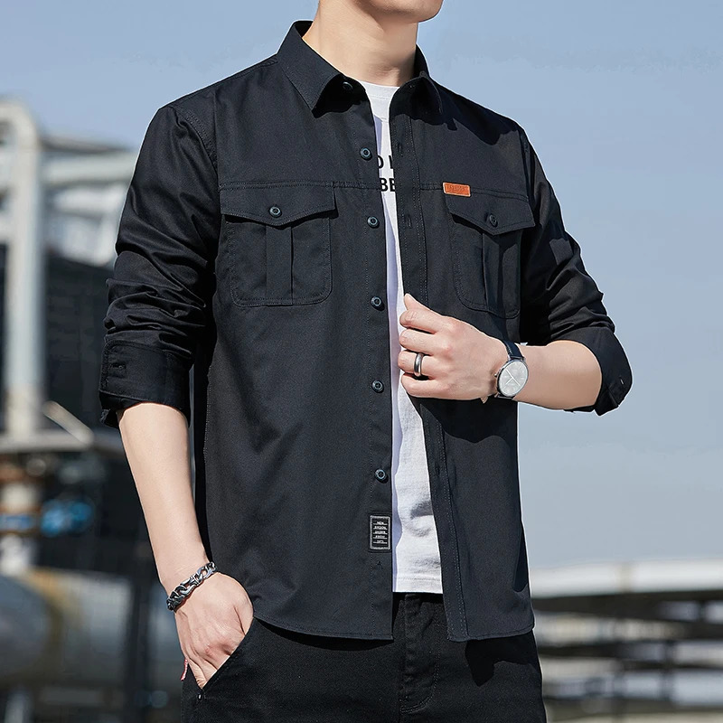 100 pure cotton mens long sleeved 2pocket shirt outdoor casual highquality clothing 250506Z