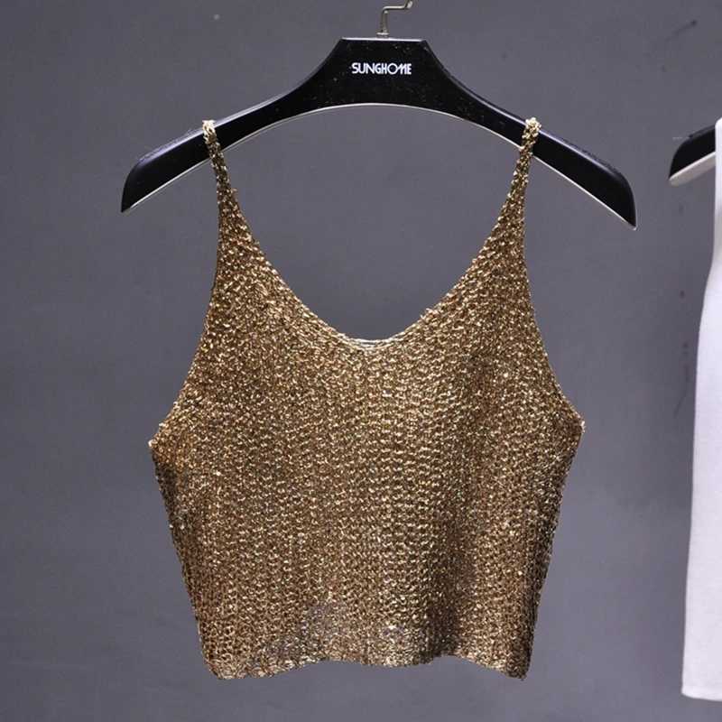 Sparkling Sequins Half Waist Render Knitwear Hollow-out Is Sexy Waist Condole Top Cropped Sexy Streetwear Woman Tops Summer M250513