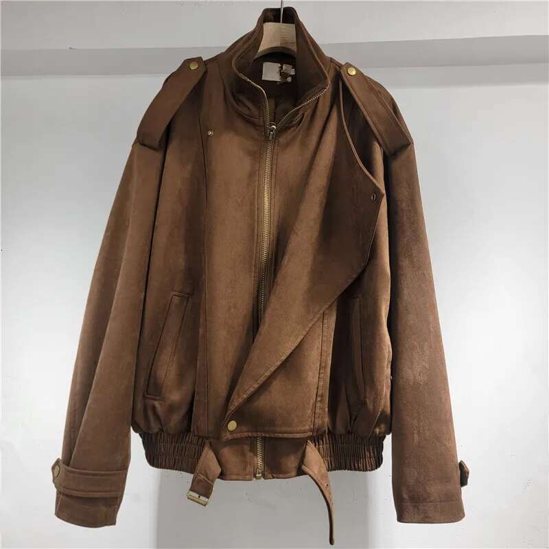 DEAT Women's Coat Stand Collar Minimalist Long Sleeve Loose Imitation Suede Zipper Casual Jackets 2025 Summer New Fashion 29A301