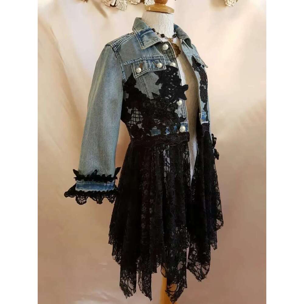 Lapel Women Lace Hook Flower Hollow Out Patchwork Frayed Edges Hole Denim Jacket Autumn Streetwear Jean Coat 2024