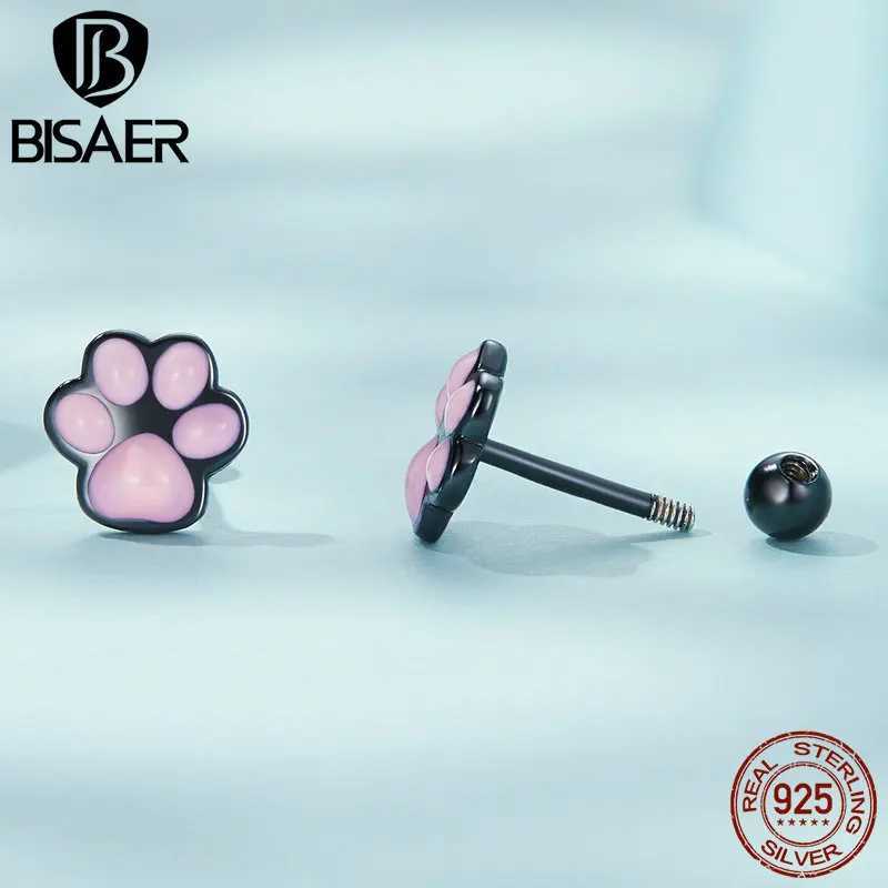 BISAER 100% 925 Sterling Silver Cute Cat Claw Hoop Earrings Black Pink Pet Animal Stud Earring For Women Party Fine Jewelry Gift Y250510