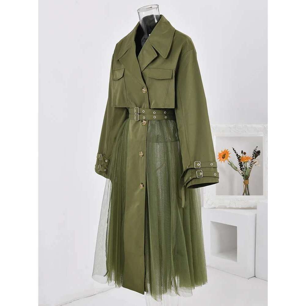 LANMREM Vintage Gauze Patchwork Windbreaker Women Lapel Double Belt Gathered Waist Trench Fashion New Clothing 2R1801