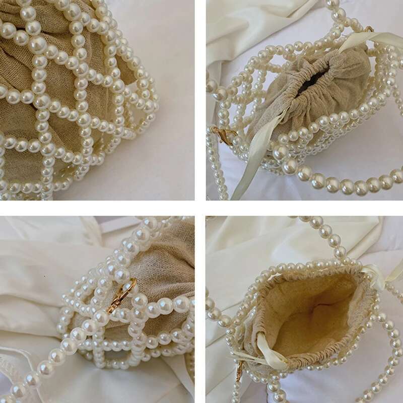 French Retro Handbag Fairy Popular Woven Beaded Bucket Crossbody Summer Niche Design Hollowed Out Pearl Women Bag