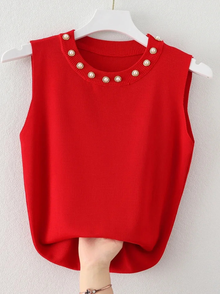Tank Top with Camisole for Women Round Neck Nail Bead White Stylish Knit Sweater Sleeveless Tshirt Outerwear 250513