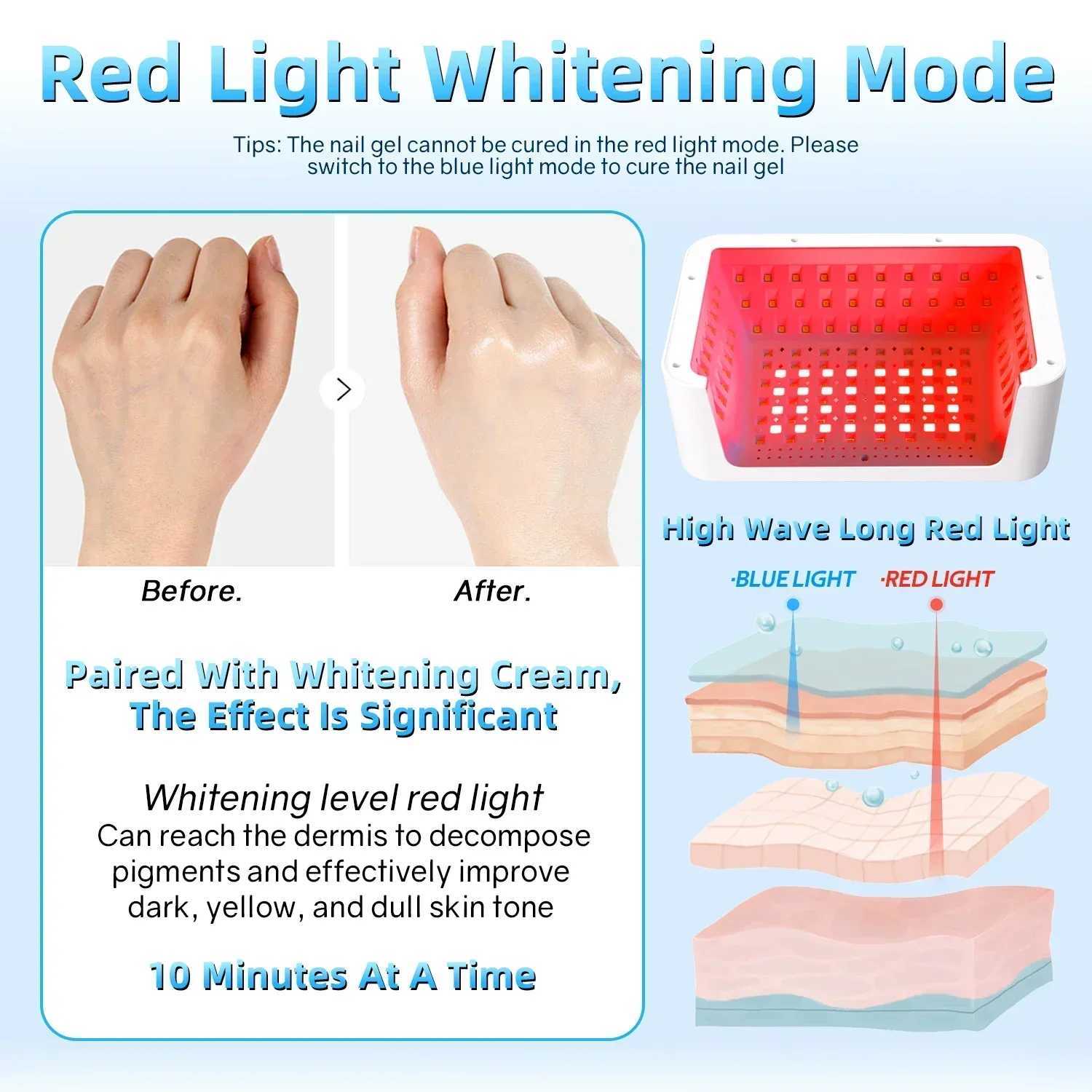 480W UV LED Lamp for Nails 08 LEDs Nail Dryer with Red Light Whitening Mode Large Space Manicure Lamp 4 Timer Settings W250513