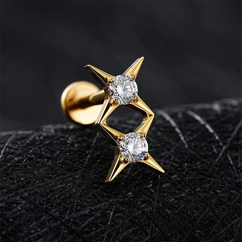 Right Grand ASTM F136 Stud Earring 16G Starburst CZ Flat Back Labret Stud Cartilage Helix Tragus Piercing 250512