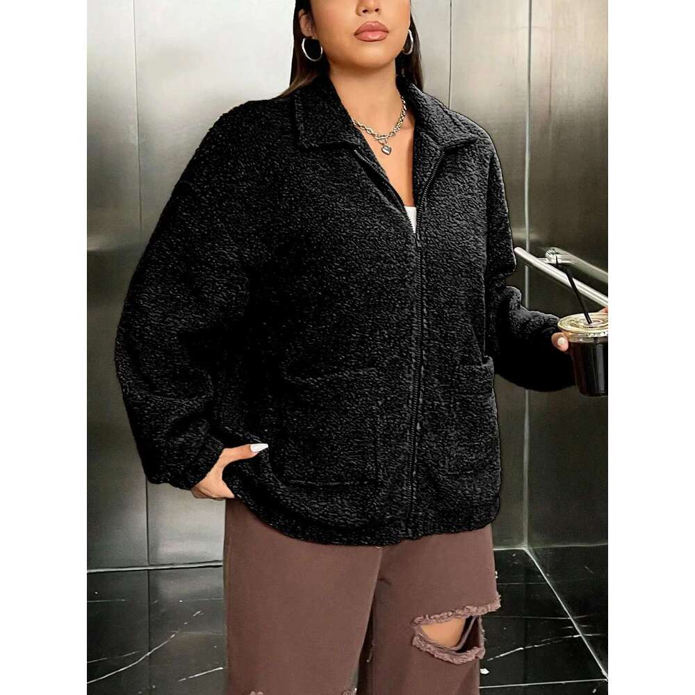 European American cross-border plus size autumn and winter new lapel pocket zipper versatile fleece jacket