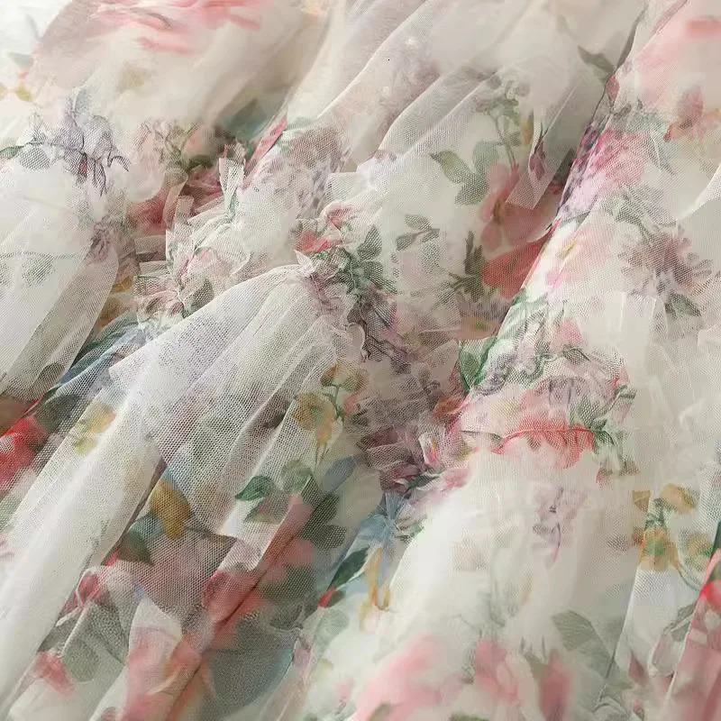 Korean Fashion Floral Long Skirts Women Spring Summer Elegant Prairie Chic Midi Skirt High Waisted ALine Tulle Tutu 250513