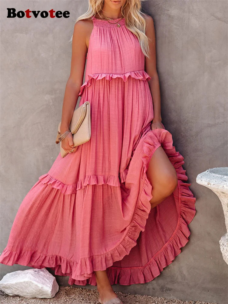 Botvotee Summer Maxi Ruffle Dresses for Women Elegant Female Holidays Beach Long Dress Party Sleeveless Loose White Purple 250513
