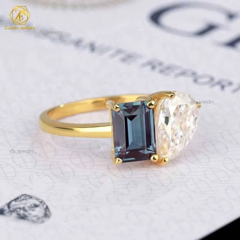 Sterg Sier Color Change Emerald cut Lab grown Alexandrite Jewelry Beautiful Cluster Pear Moissanite Engagement Ring