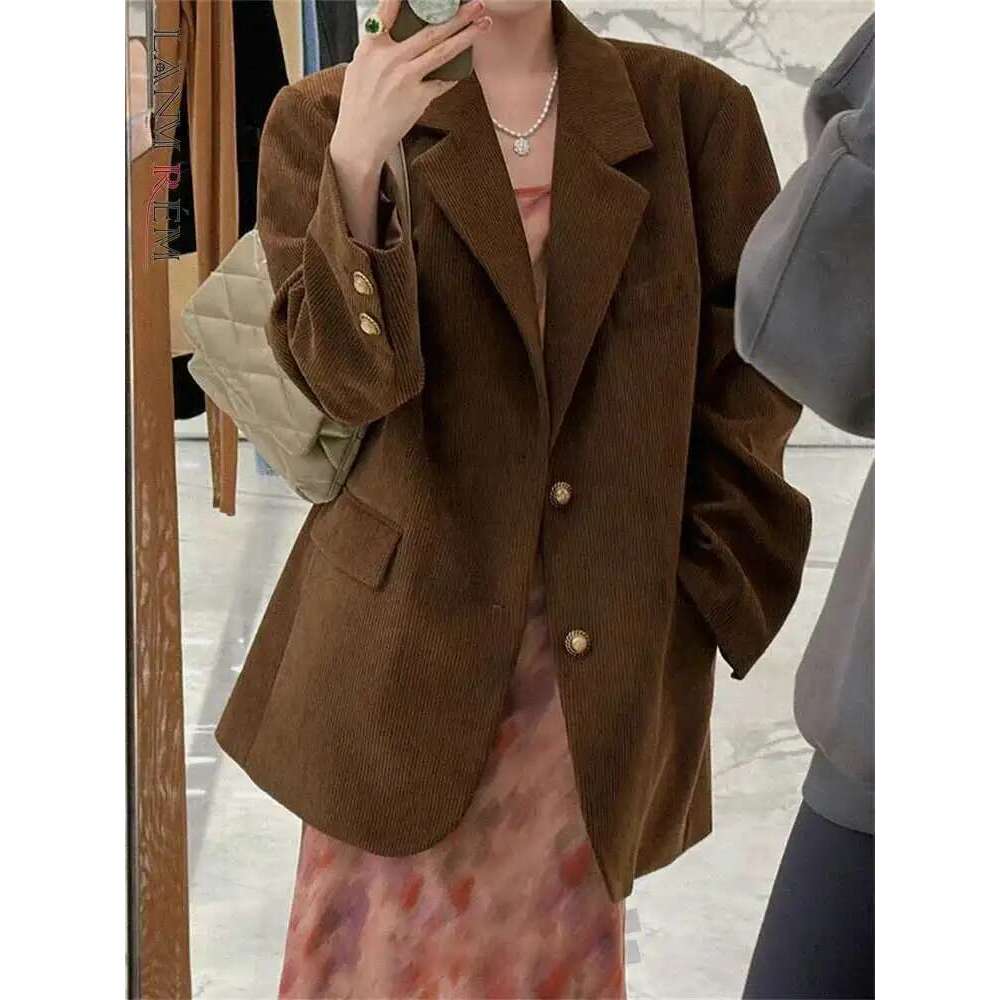LANMREM Vintage Corduroy Women's Blazer Notched Collar Single Breasted Solid Color Loose Coat Fashion 2025 Spring New 2AA4910