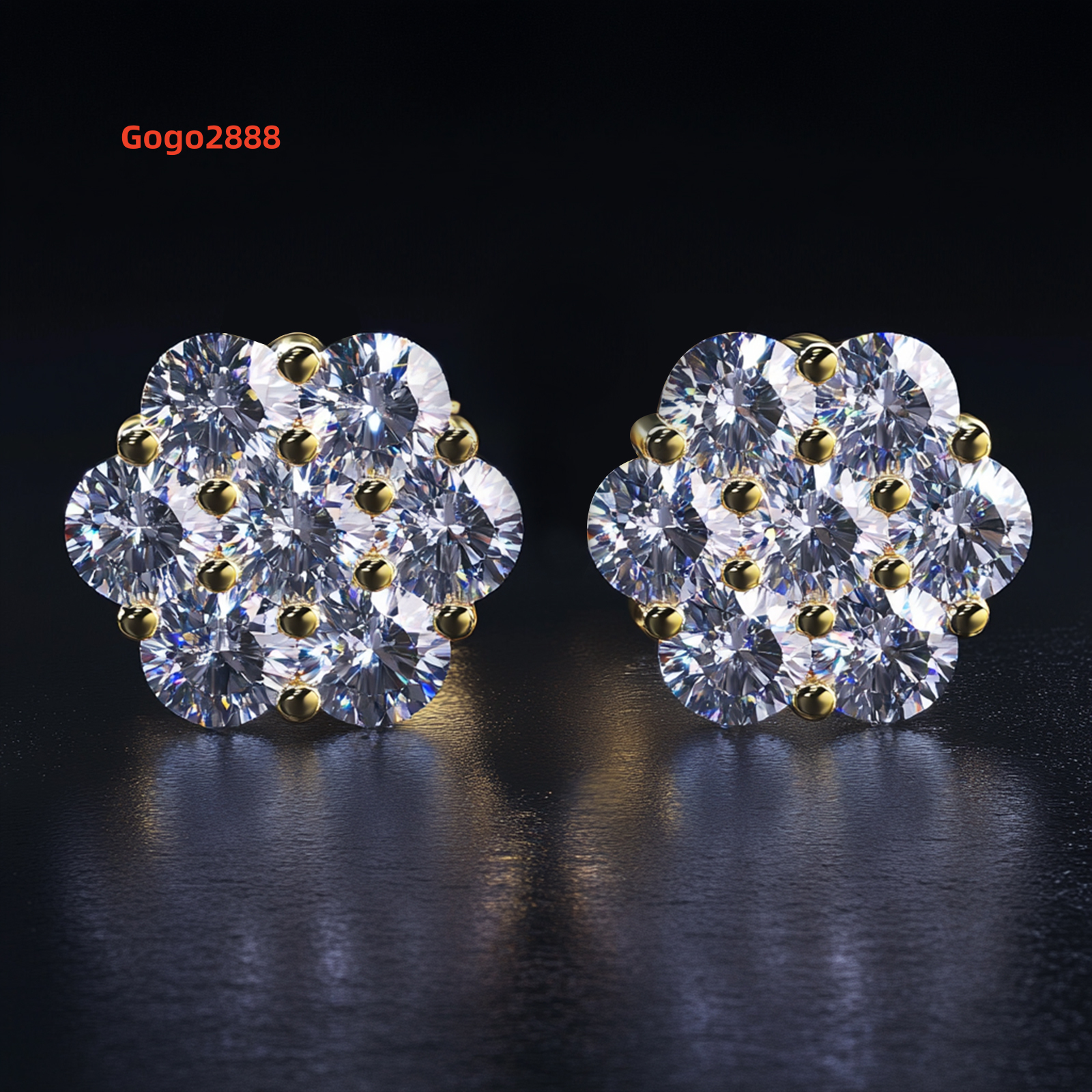 Brilliant Iced Moissanite 14K Yellow Gold Plated 925 Sterling Silver Round Mens Women Elegant Flower Cluster Hip Hop Earrings