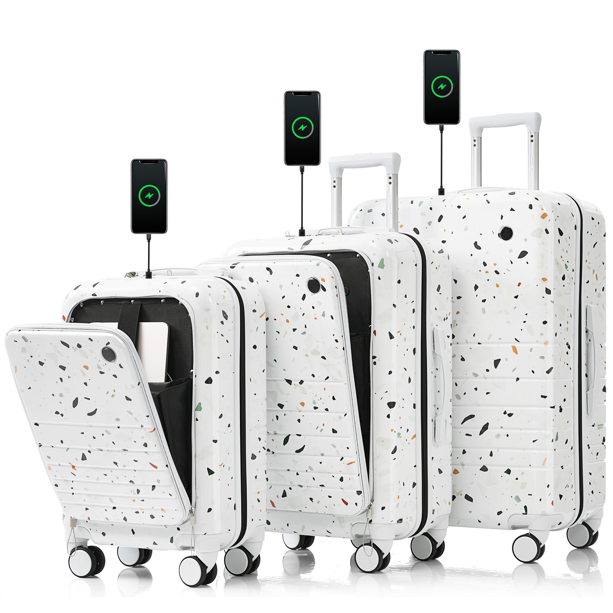 two piece set travel luggage featuring front opening design usba charging ports and drink holders 20 inches suitable for individuals and school trips 