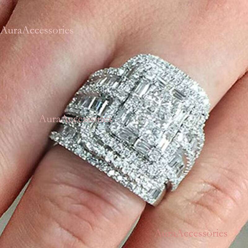 Bride Bague Zircon Full Rectangle Wedding Glitter Rings Women Sier Couple Ring Set