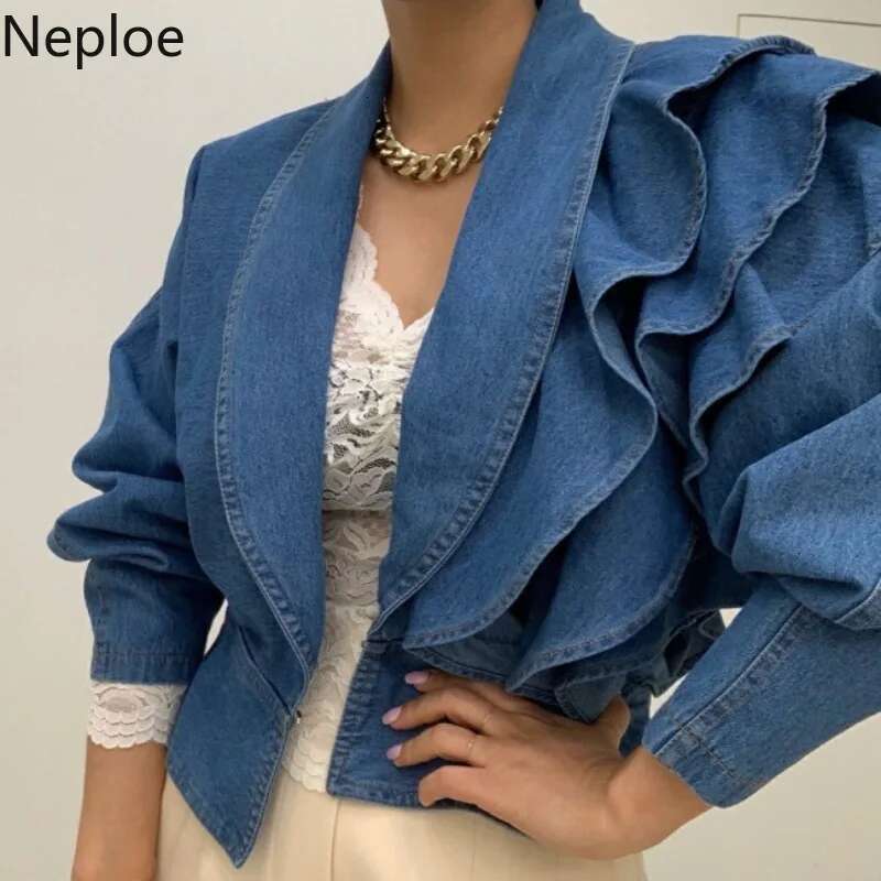 Neploe Fall 2025 Women Clothing Cropped Denim Jacket Vintage Turn-down Collar Puff Sleeve Ruffles Crop Tops Korean Jean Coat