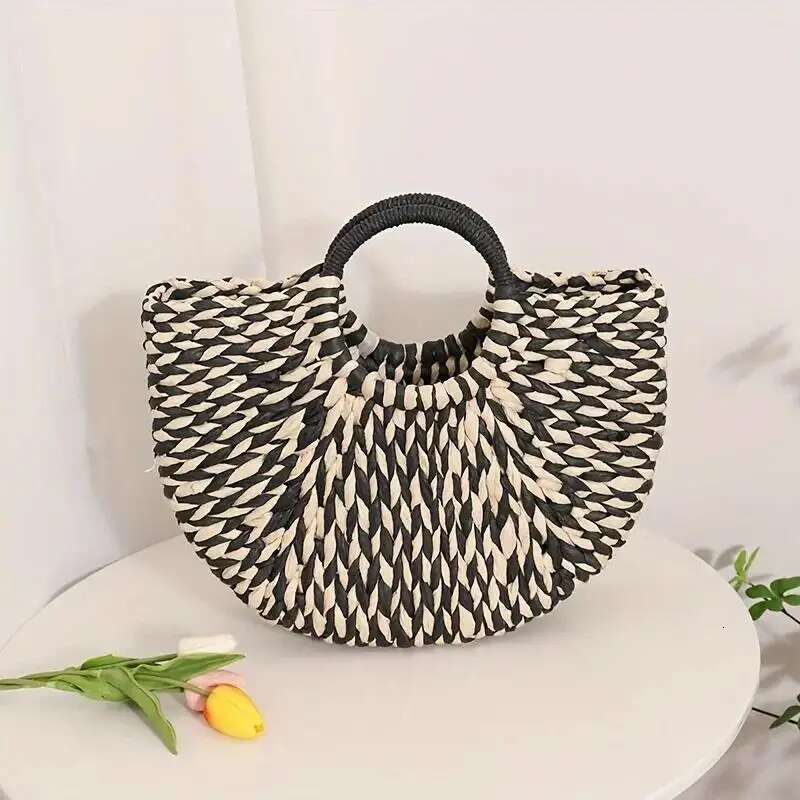 Retro Large Capacity Straw Woven Tote Bag Women Casual Handbag Clutch For Beach Travel Fashionable Summer Accessory