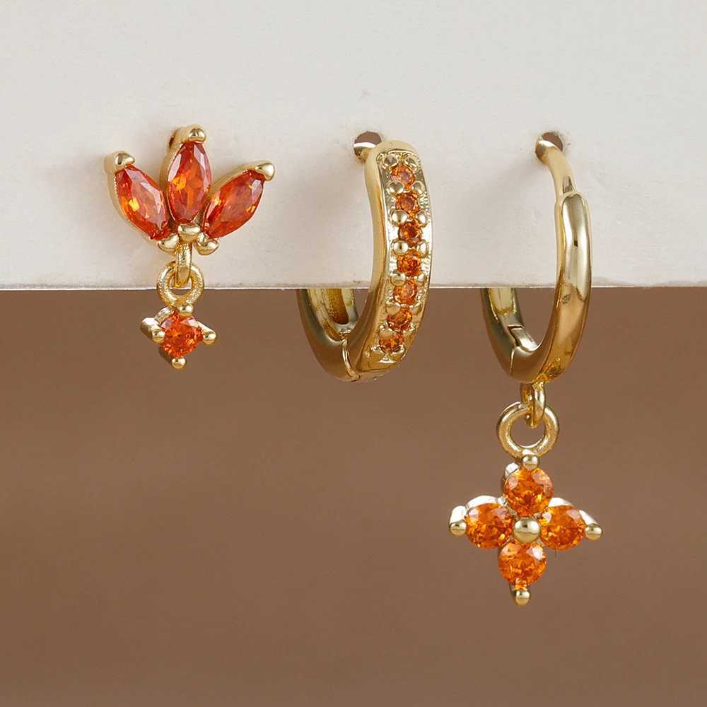 3PCS Fashion Orange Blue Zircon Hanging Earrings Set for Women Stainless Steel Flower Dangle Earring Piercing Jewelry Y250510
