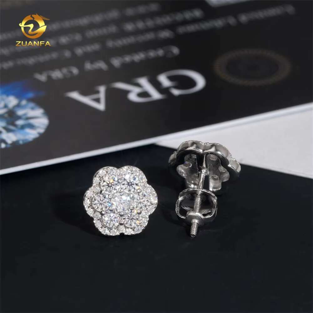 Hot Sale High Quality Cheap Price Hip Hop Style Iced Out 925 Silver Flower Cluster Men Moissanite Earrings