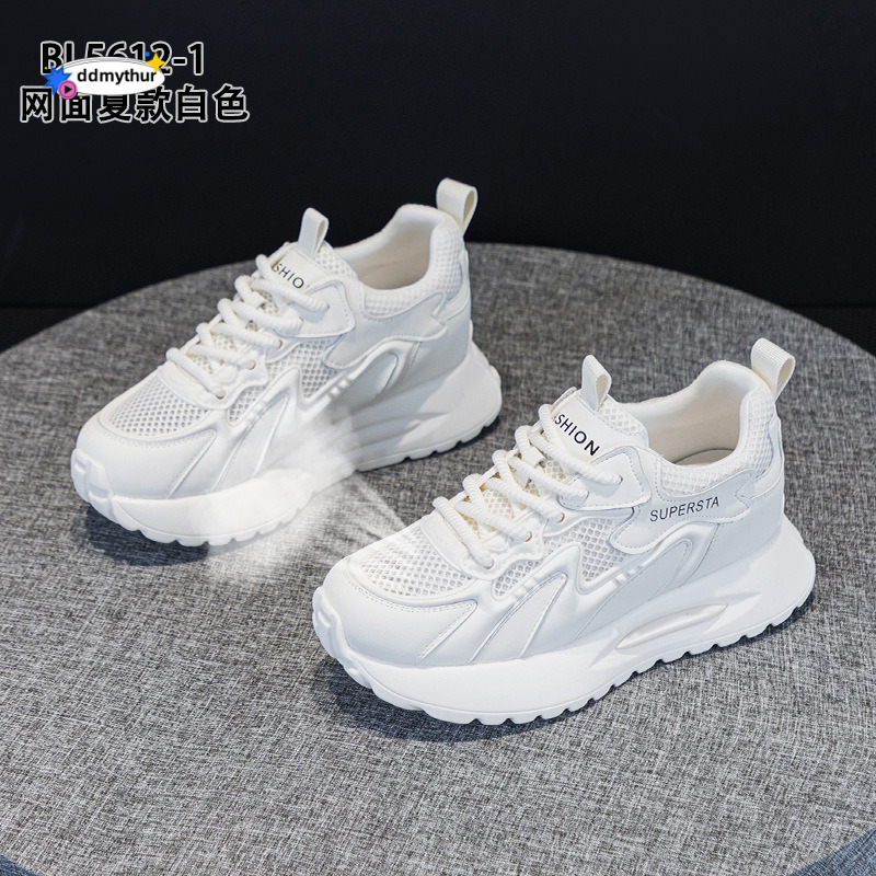 Real leather thick soled dad for women in the spring and summer of 2025 new style, internet celebrity mesh, breathable inner height increase, casual F