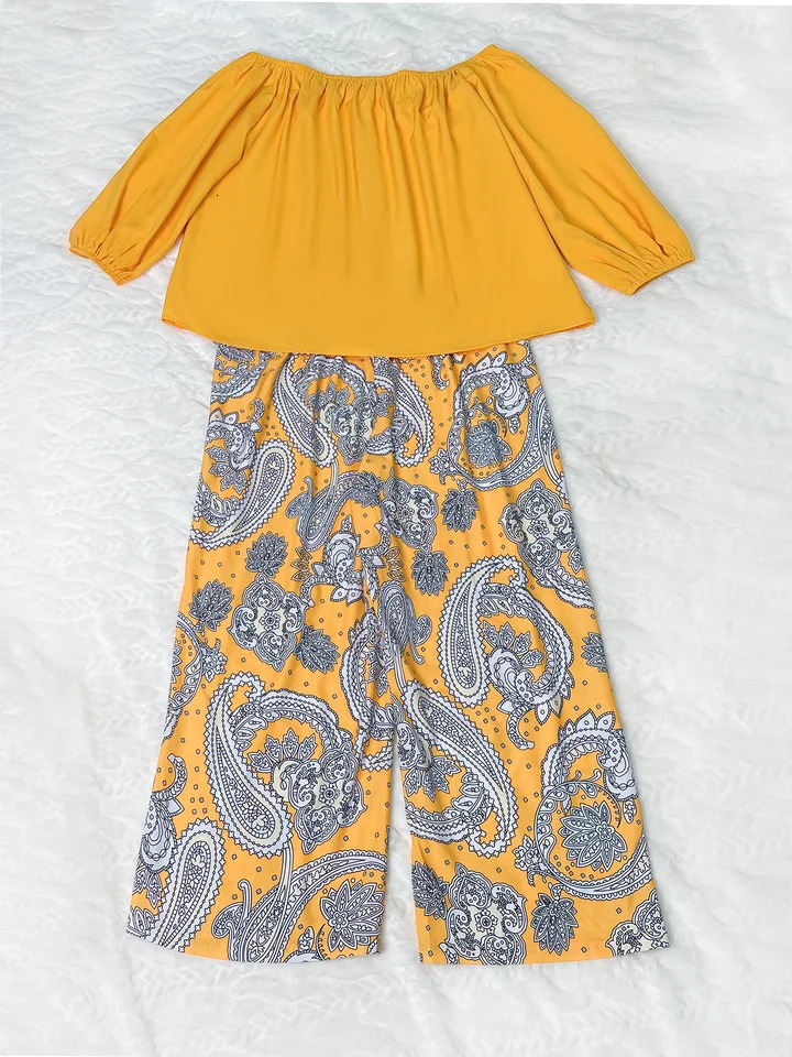 Two piece set of oversized womens spring and autumn elegant simple vacation style loose shoulder solid color printed pants 250427
