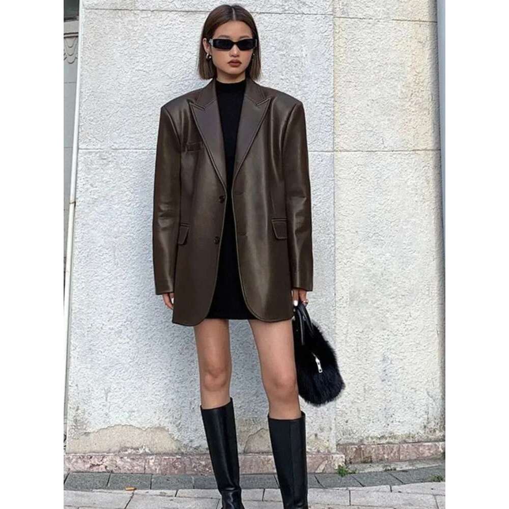 PU Leather Suit Jacket Coat Brown Woman Texture Vintage Street Trends Motorcycle Jackets Loose Casual Thickened Overcoat Top
