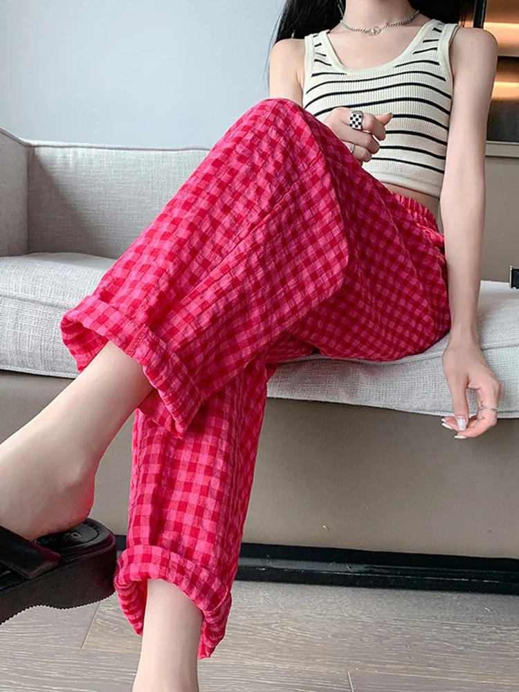 Casual Hip-hop Street Harlan Pants Summer Cotton Linen Loose Cropped Pants Women Wide Leg Red Black White Checkered Long Pants
