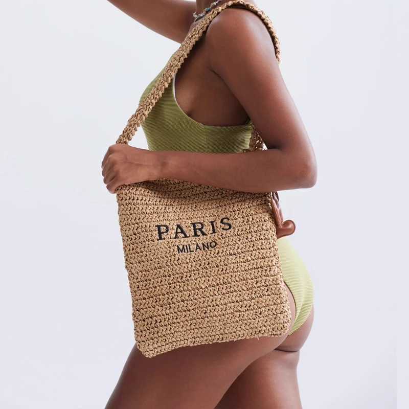 Casual Letters Straw Women Shoulder Bags Paper Woven Crossbody Bag Handmade Summer Beach Bag Small Tote Bali Purses 2024 Z250513