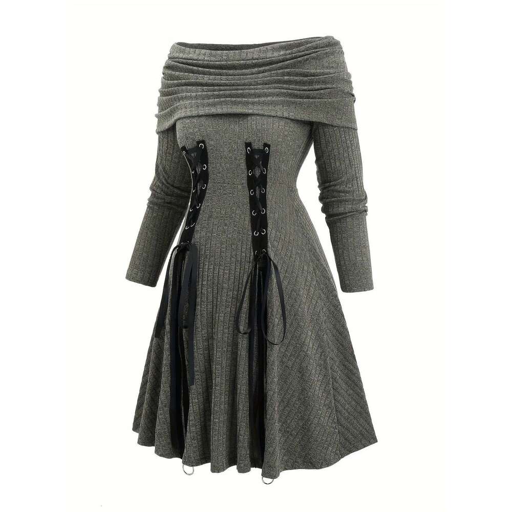 European and American leisure fashion solid color shoulder drawstring plus size A dress female