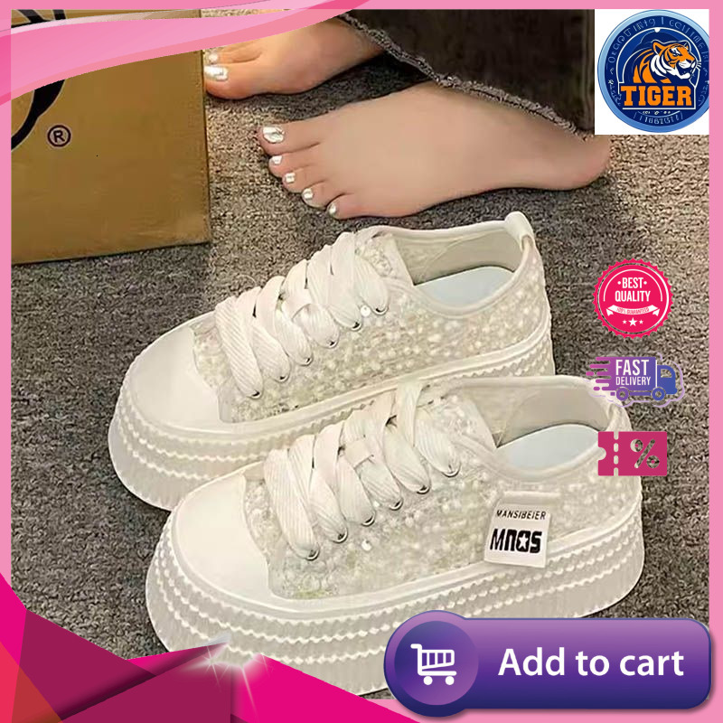 Ddmytiger Sequined Thick Sole White For Women Summer New Versatile Casual Sports Shoes High End Canvas Outdoor Shoes