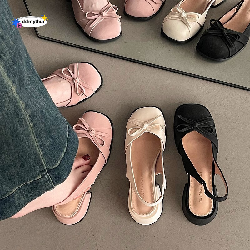 French style women's single bow hollow toe sandals, 2025 spring new style, gentle and sweet, low heel shoes with empty back ddmythur