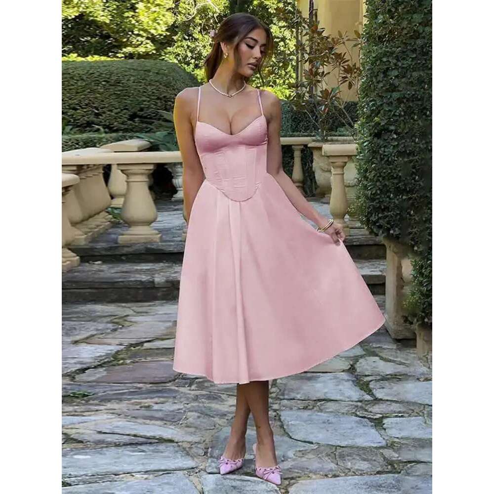 Townlike Elegant Midi Long Waist Wrap A-line Women Spaghetti Strap 2025 Spring Summer Dress Nightclub Sexy Party Dresses