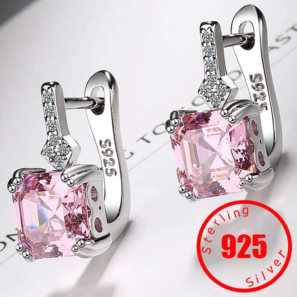 Stamp 925 Sterling Silver needle Square Crystal Gemstone Hoop Earrings For Women Trendy Jewelry Girl Gift New Y250510