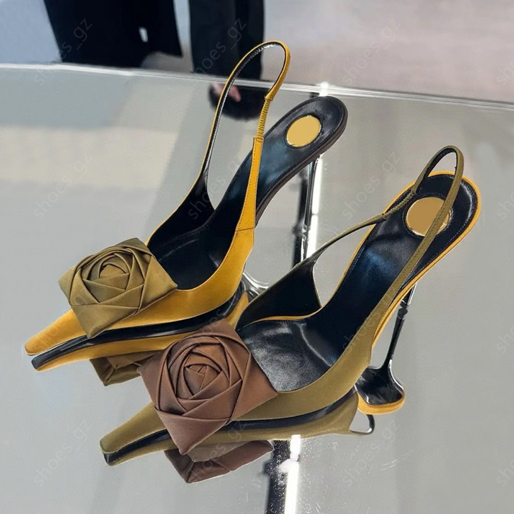 Satin Flower decoration Pumps Evening shoes stiletto Heels sandals Almond Shaped Toes women heeled Luxury Designers Slingbacks strap Dress shoe