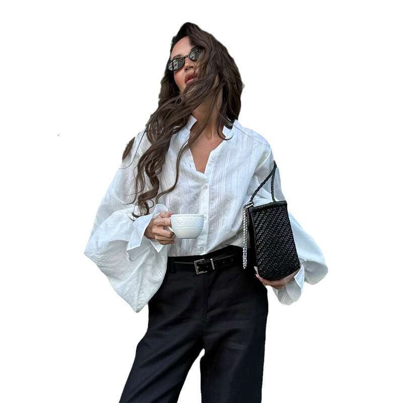 European American Summer Sweet And Fresh Loose Oversized Stand Up Collar Lantern Sleeves Long Sleeved Shirt Women's Top B5