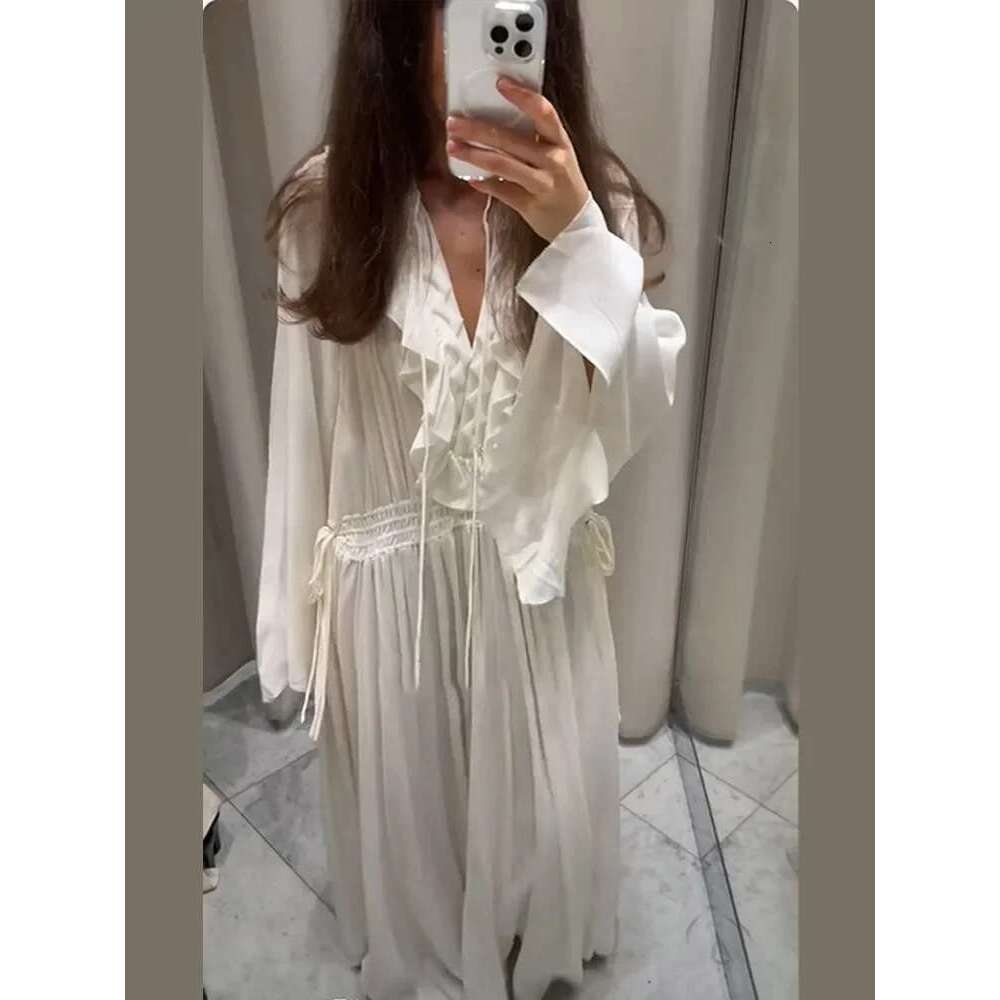 Elegant White Ruffles V-neck Maxi Dress Women Fashion Long flare Sleeve High Waist Loose Vestidos 2025 New Lady Street Dresses