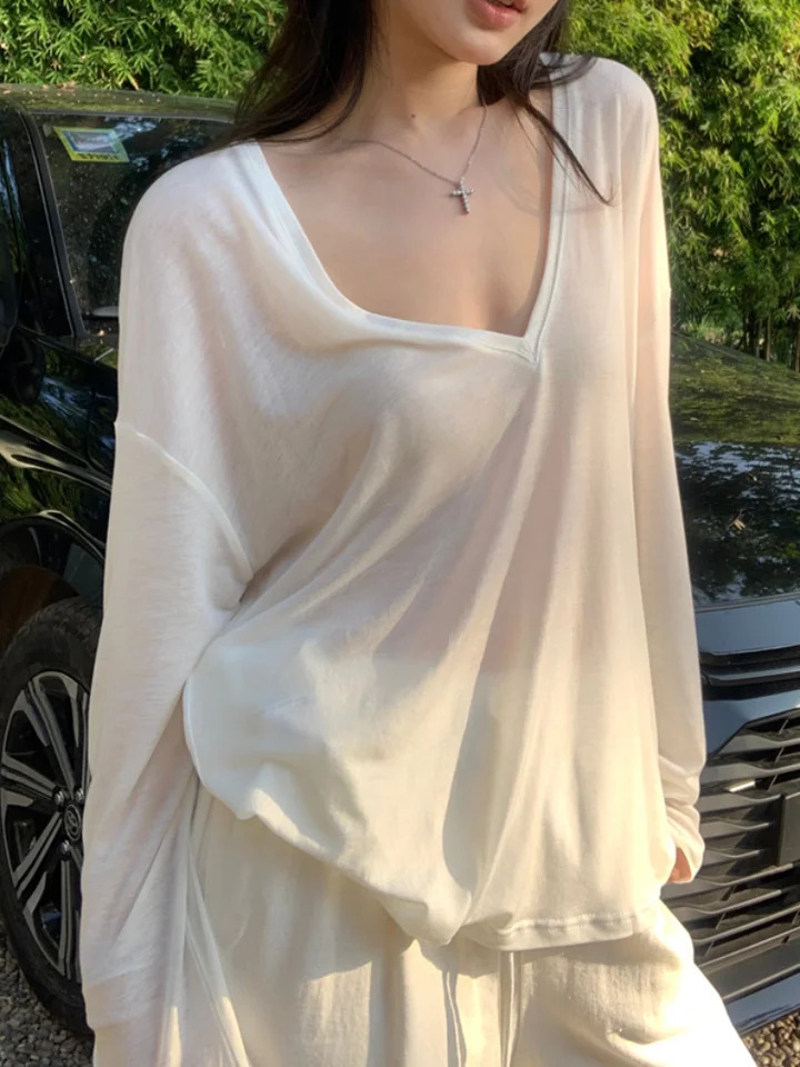 Women Oversized T Shirt Spring Summer Vneck Casual Fashion Loose Thin Long Sleeve Top Pullovers Chic White See Through Tshirt 250513